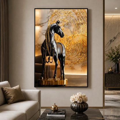 Tableau LED Cheval Noir & Or