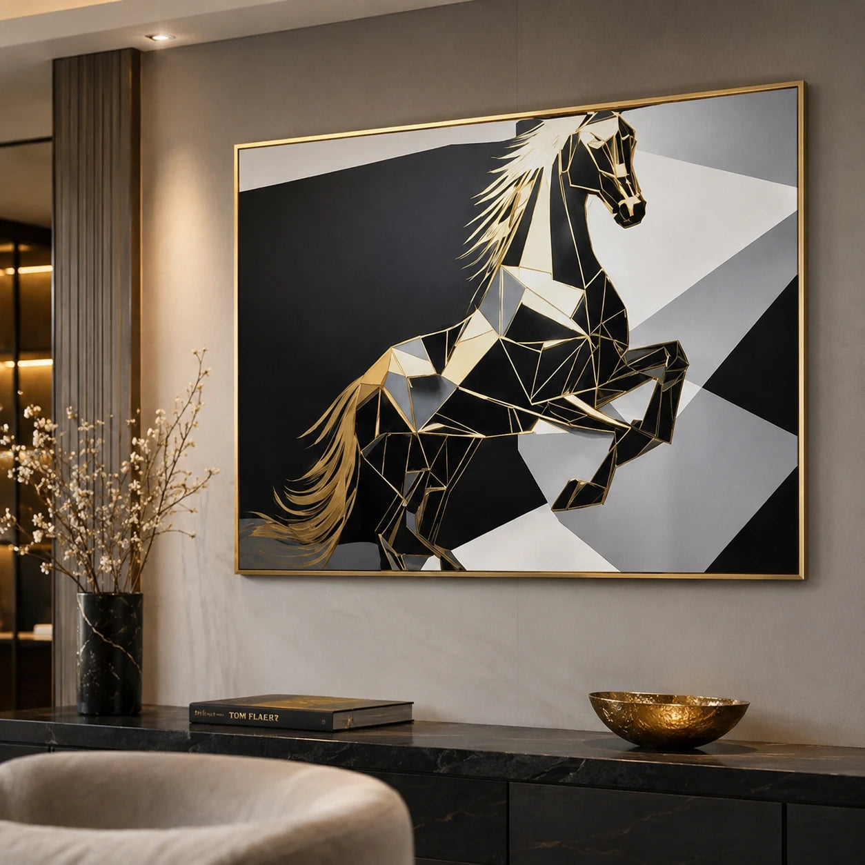 Tableau Cheval Géométrique Noir & Or